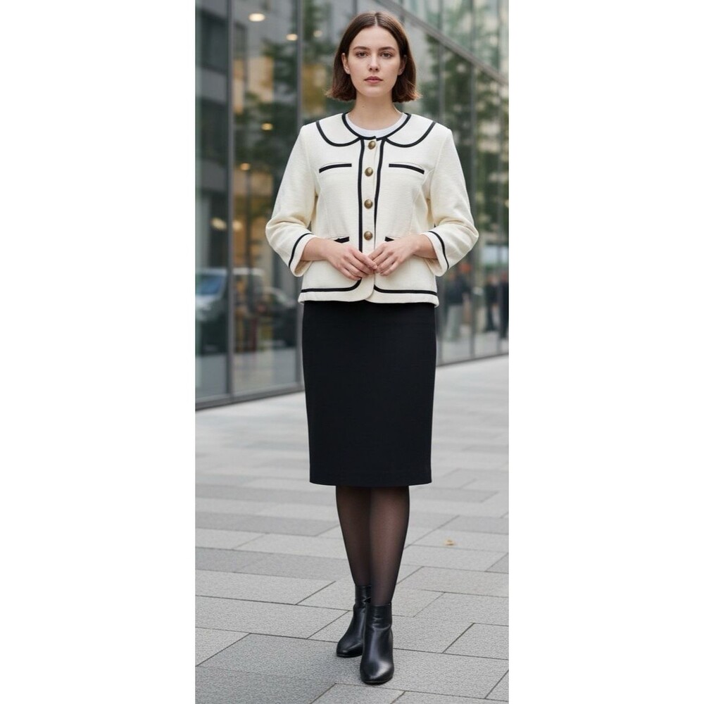 Knitted Dove womens crop buttoned cream black bow accent blazer Medium career